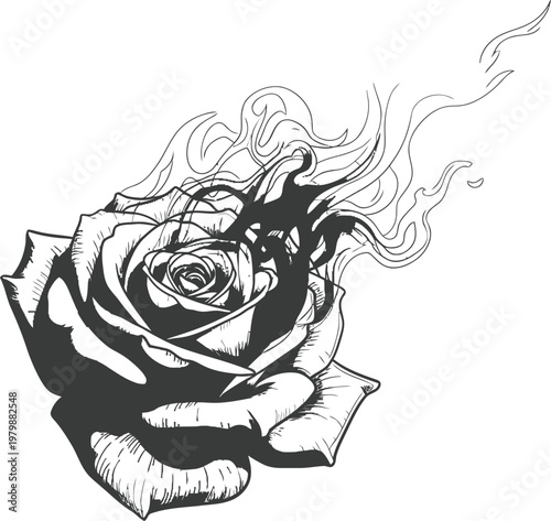 A black and white illustration of a burning rose emits smoke.