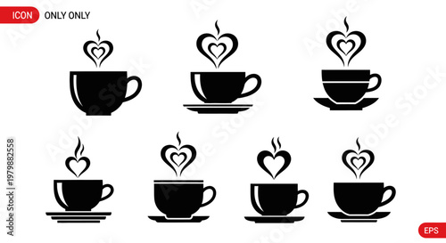 Romantic coffee cup icons with heart shaped steam rising from saucers perfect for valentines day theme or cafe identity design and greeting card illustrations