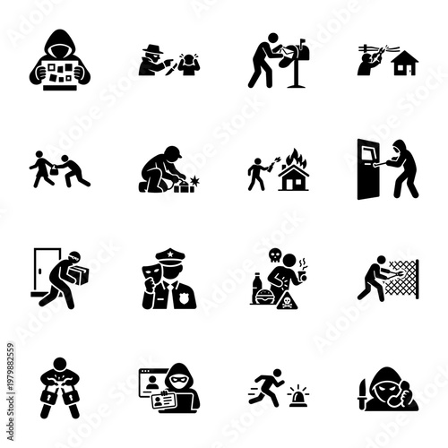 Comprehensive Pictogram Set of Various Criminal Activity Icon set