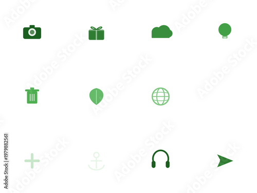 Minimalist green web icon set, collection of 11 flat vector interface symbols, modern digital app navigation elements on white background