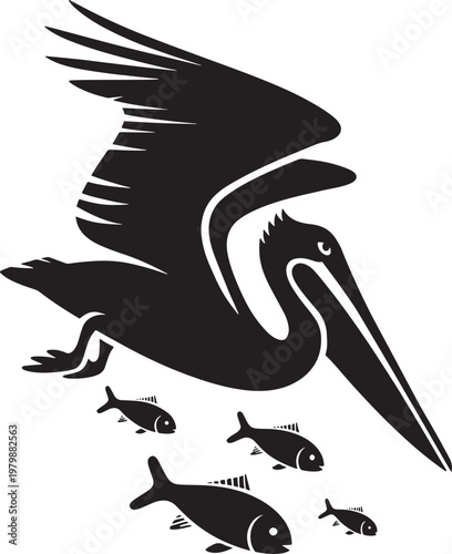 pelican flying over fish in water scene