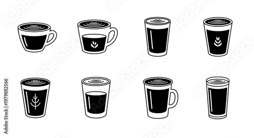 Latte art icons set with coffee cup cross sections showing foam layers and leaf patterns black and white vector graphics for barista training and cafe manuals