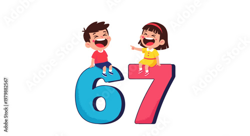 Cheerful boy and girl sitting on colorful number sixty-seven isolated. Happy childhood concept. Vector illustration for education material