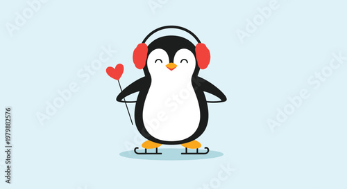 Adorable cartoon penguin wearing red earmuffs and ice skates while holding a heart-shaped wand on a light blue background.