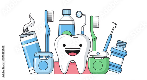 Happy cute tooth with dental hygiene tools and supplies. Oral care healthy dentistry concept. Vector illustration for greeting card, banner