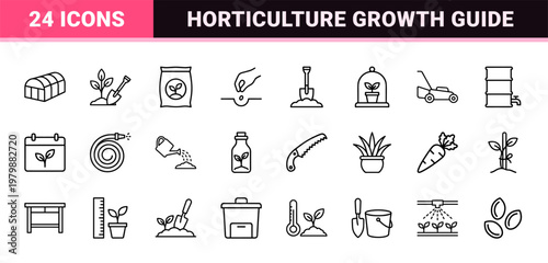 Horticulture and plant care line icon set in minimalist outline style.