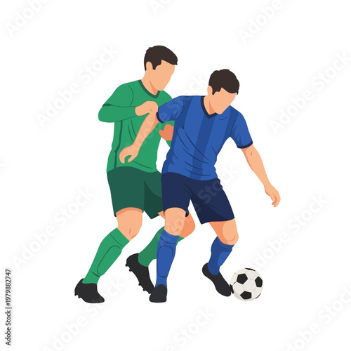 Soccer players competing for ball, illustration of sports rivalry and active game