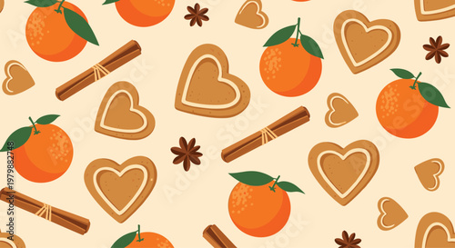 Cozy and warm seamless pattern with gingerbread heart cookies fresh tangerines cinnamon sticks and star anise for the holidays.