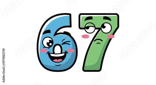 Number sixty seven character with funny face. Number character mascot concept. Vector illustration numeric art design element