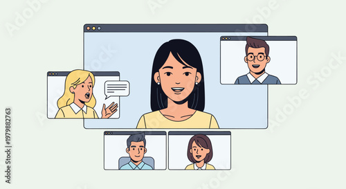 People meeting virtual video call for online conference or remote work. Modern remote learning and team communication concept vector illustration