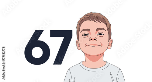 Smiling child boy avatar with number sixty seven. Kids portrait graphic icon. Vector illustration for profile, social network, identity