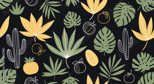 Seamless pattern of hand-drawn tropical leaves cacti and various fruits and vegetables on a dark background for wallpapers.