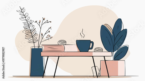 Flat vector illustration of a minimalist coffee table with plants and a steaming mug, perfect for home decor, lifestyle blogs, or cozy advertisements.