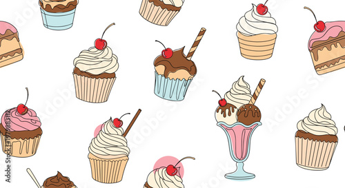 Sweet and delicious seamless pattern of various hand-drawn desserts like cupcakes ice cream sundaes and cake slices.