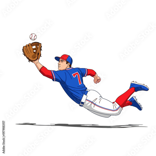 Baseball player diving catch, athlete in action, sports illustration, dynamic movement