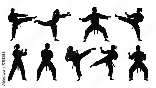 A collection of silhouetted figures demonstrates various dynamic martial arts poses showcasing strength balance and agility high quality professional detailed modern