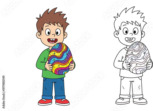 Happy Little Boy Holding Big Decorated Easter Egg Cartoon Character Set with Coloring Book Page Vector Illustration for Kids Activities and Holiday Celebration