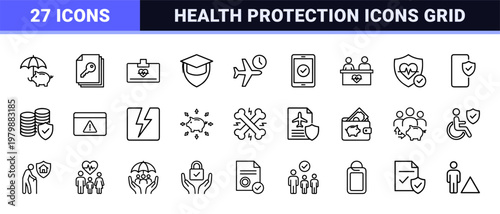 Insurance and risk management minimalist outline icon set