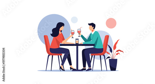 Modern flat illustration of a young couple on a romantic date sitting at a cafe table and toasting with drinks.