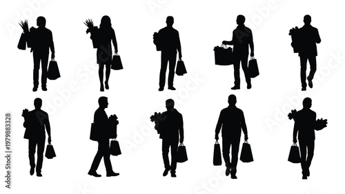 A collection of black silhouettes depicting people carrying shopping bags suggesting retail therapy or consumerism high quality professional detailed modern elegant