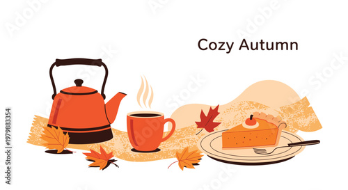 Cozy autumn still life illustration with a teapot a steaming mug pumpkin pie and fall leaves on a textured background.