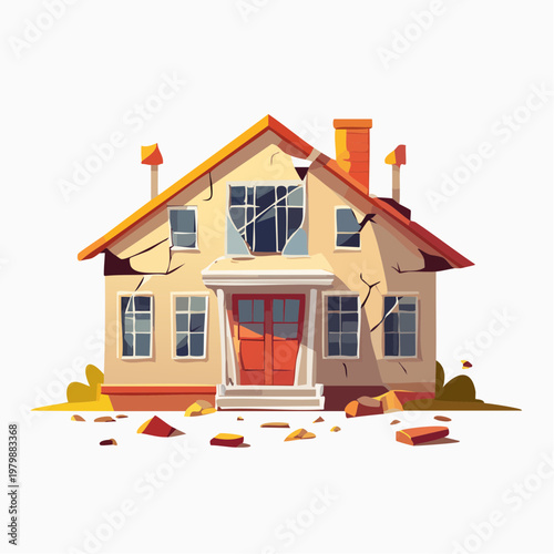 Damaged house with broken windows and debris, representing destruction or natural disaster