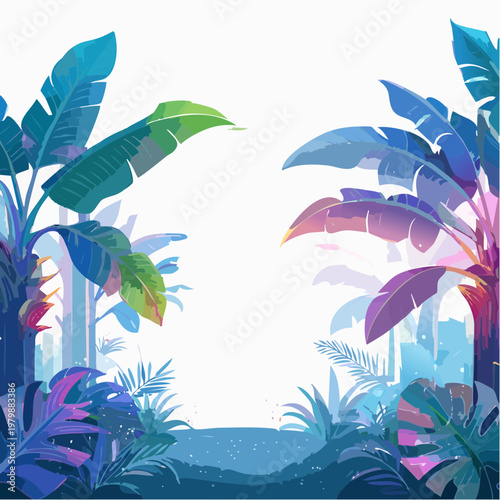 Vibrant tropical foliage illuminated by soft, ethereal light in a tranquil jungle scene