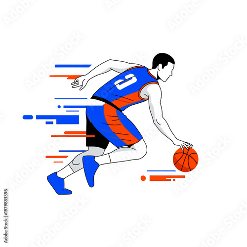 Basketball Player Dribbling Fast with Motion Blur Effect, Dynamic Sports Illustration