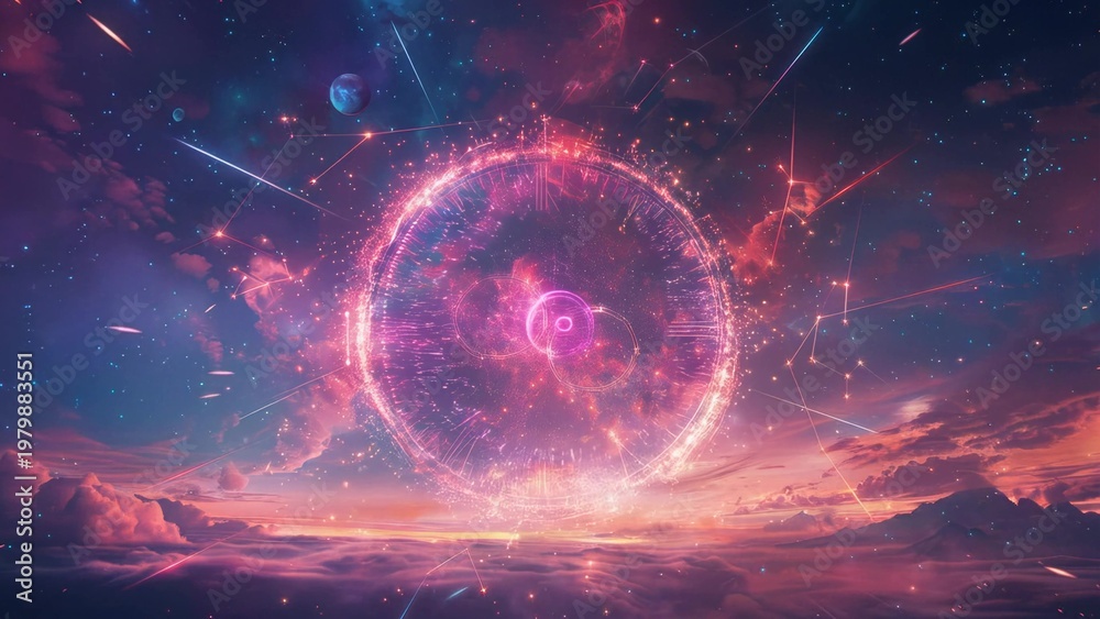 Fototapeta premium neon arcane portal hovering above clouds, glowing sigils rotate over nebula backdrop, streaking comets and distant starfield, luminous energy ring expands