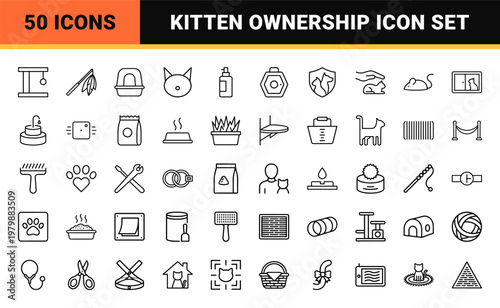 Minimalist kitten and cat care outline icons