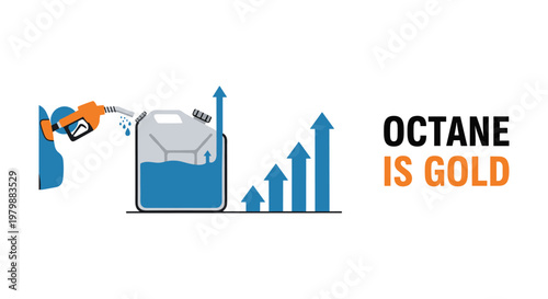 Fuel pump filling up gas tank with increasing bar chart in blue and orange colors for business finance