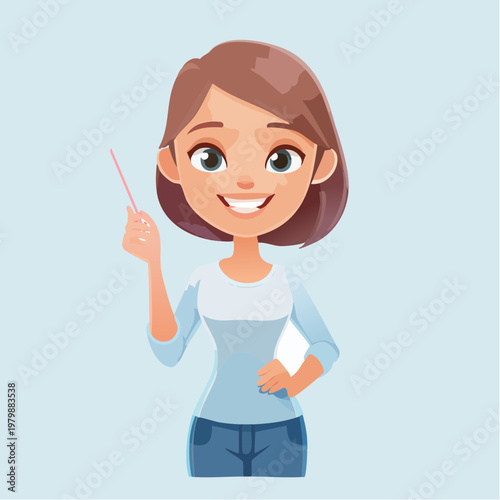 Cartoon illustration of a young woman pointing with a stick