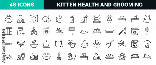 Feline pet care and kitten supplies minimalist line icon set