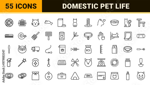 Minimalist kitten and cat care outline icons for pet shops and veterinary services.