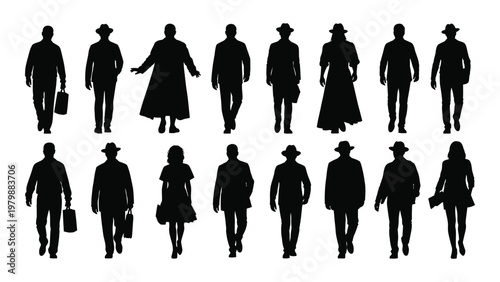 A collection of silhouetted figures predominantly people walking exhibiting diverse attire and postures against a white background high quality professional detailed