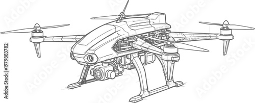 A detailed illustration of a drone flying in the air with propellers Technology