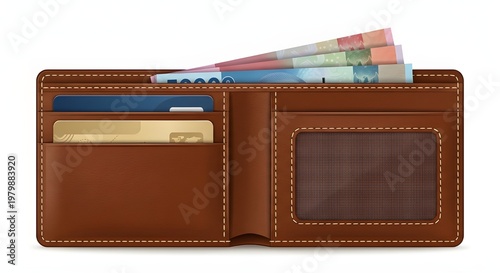 A bi-fold brown leather wallet shown open with several credit cards and banknotes tucked inside, isolated on a white background.