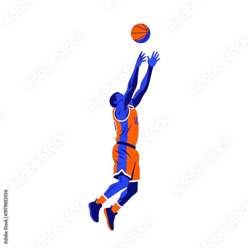 Basketball player jumping to shoot ball in mid-air, dynamic sport illustration