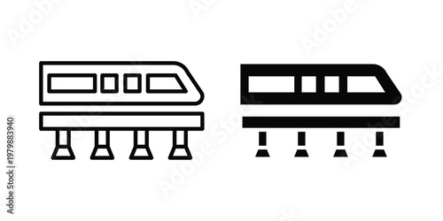 Monorail icon. Flat and outline icons. Black icons