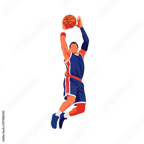 Basketball player jumping, shooting ball, dynamic action, sports illustration