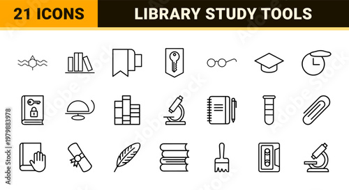 Library and reading minimalist outline icon set for education.