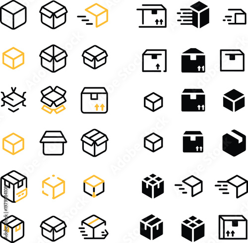 Logistics and delivery icon set with package boxes, shipping symbols, warehouse elements, line and solid vector collection