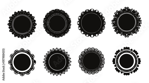 Set of elegant vintage circular frames intricate black and white vector badges