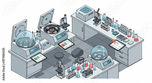 Isometric Scientific Laboratory Illustration with Centrifuges, Microscopes, and Medical Research Equipment