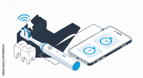 Isometric Illustration of Smart Electric Toothbrush Connected to a Smartphone App for Digital Dental Care and Oral Hygiene Tracking