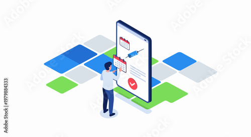 Isometric Illustration of Man Scheduling Vaccine Appointment Online via Mobile App