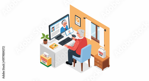 Senior Man Using Telemedicine Services for Online Consultation with Doctor - Isometric Illustration
