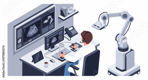 Doctor Remotely Controlling Robotic Arm for Ultrasound Procedure, Telemedicine and Advanced Medical Technology Isometric Illustration
