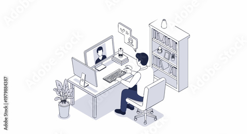 Isometric Line Art Illustration of Man in Home Office Having Online Video Conference Meeting
