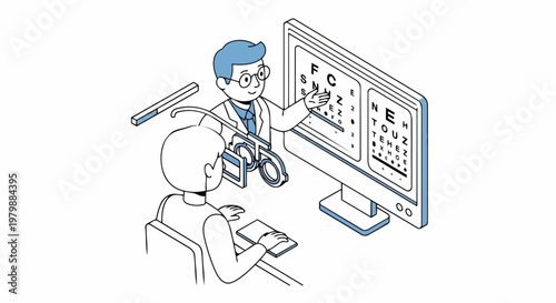 Isometric Illustration of a Professional Optometrist Conducting an Eye Exam and Vision Test for a Patient using a Phoropter and Digital Snellen Eye Chart